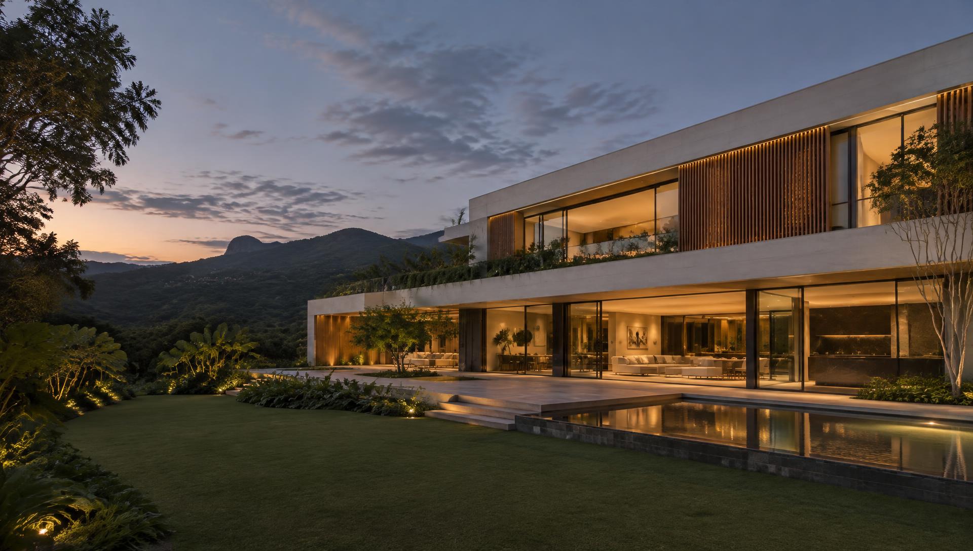 Fachada contemporânea integrada às montanhas e à natureza de Nova Lima — imagem ilustrativa